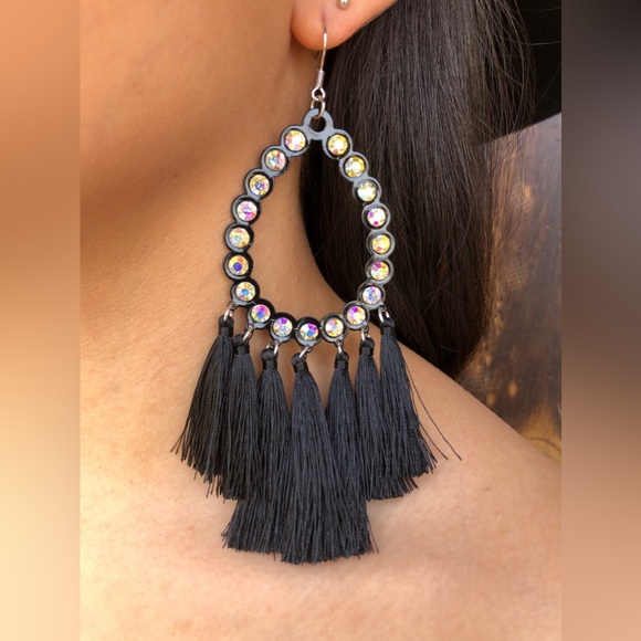 Rhinestone Bling Fringe Teardrop Dangle Earrings - Picture 3 of 4